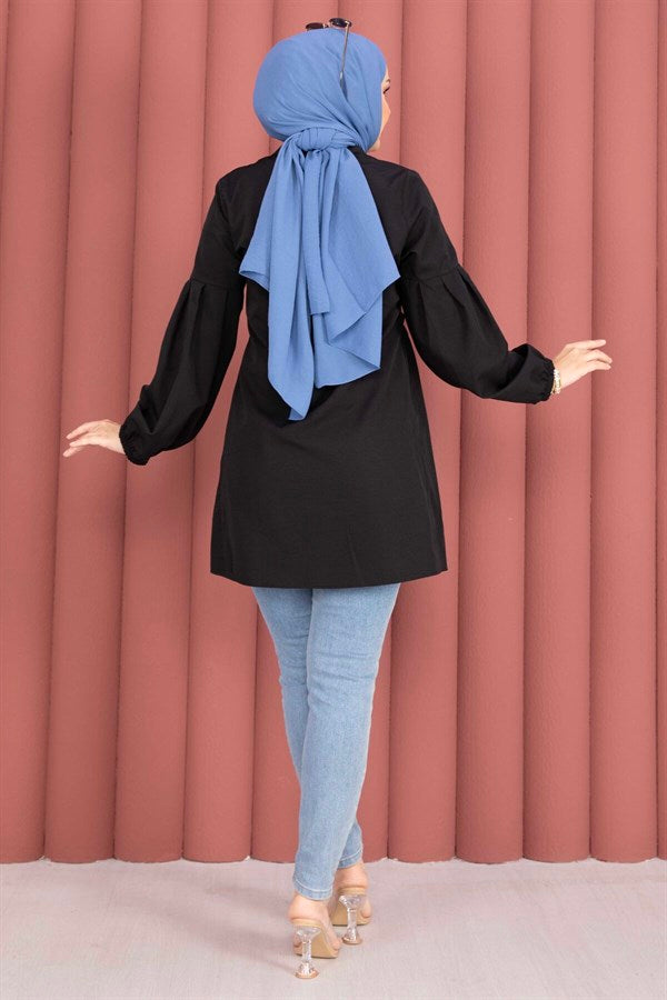 Shirt Collar Tunic with Gathered Waist Detail, Black