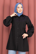 Shirt Collar Tunic with Gathered Waist Detail, Black