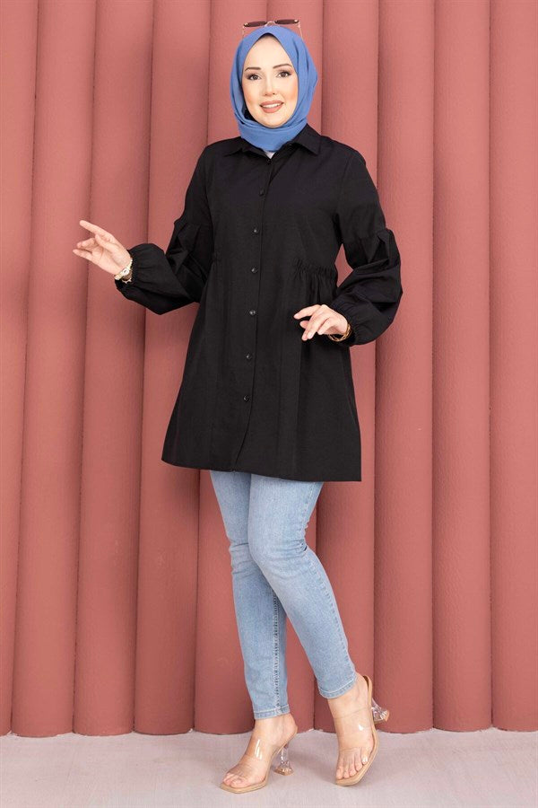Shirt Collar Tunic with Gathered Waist Detail, Black