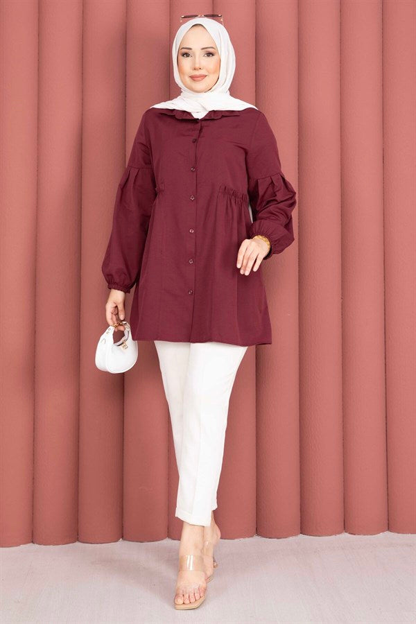 Shirt Collar Tunic with Gathered Waist Detail, Burgundy