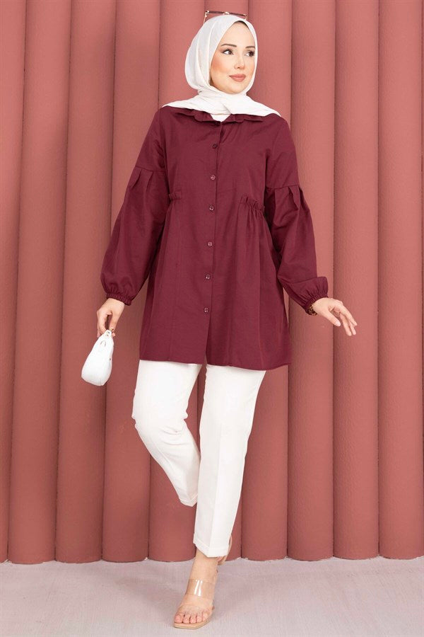 Shirt Collar Tunic with Gathered Waist Detail, Burgundy