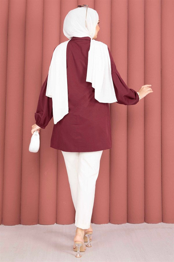 Shirt Collar Tunic with Gathered Waist Detail, Burgundy