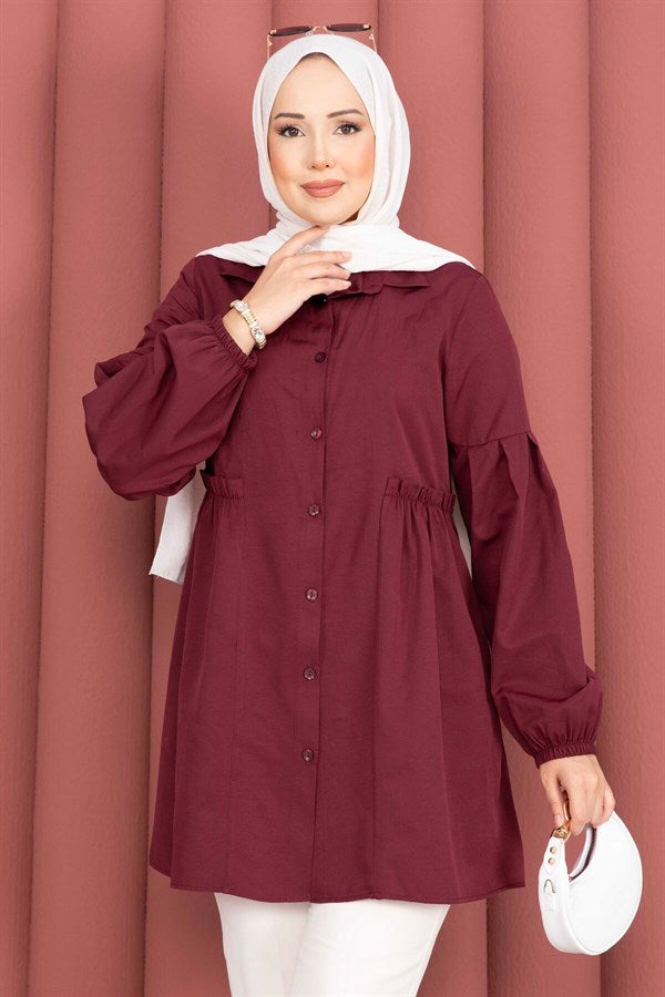 Shirt Collar Tunic with Gathered Waist Detail, Burgundy
