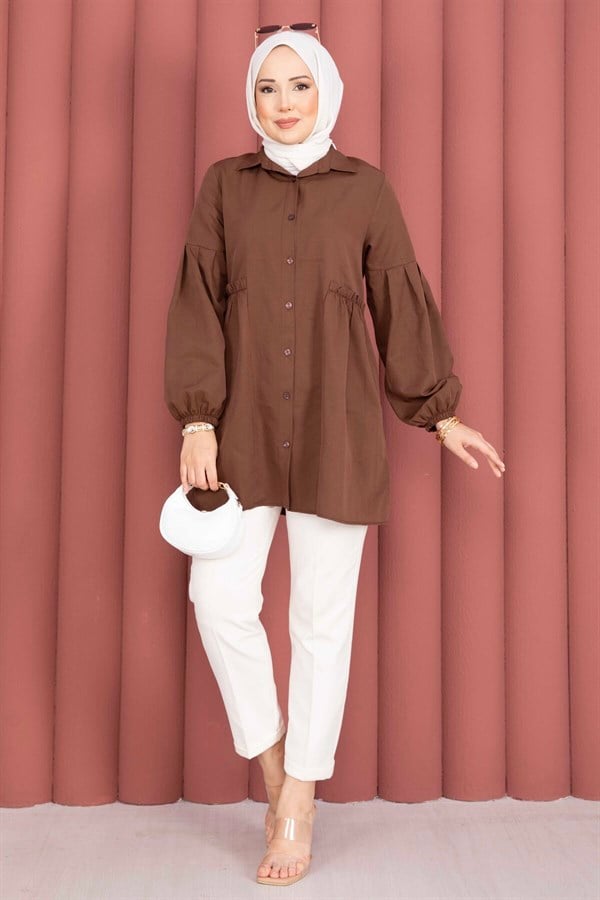 Shirt Collar Tunic with Gathered Waist Detail, Brown