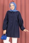 Shirt Collar Tunic with Gathered Waist Detail, Navy Blue