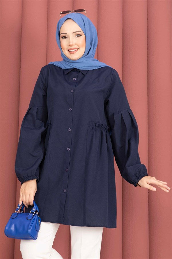Shirt Collar Tunic with Gathered Waist Detail, Navy Blue