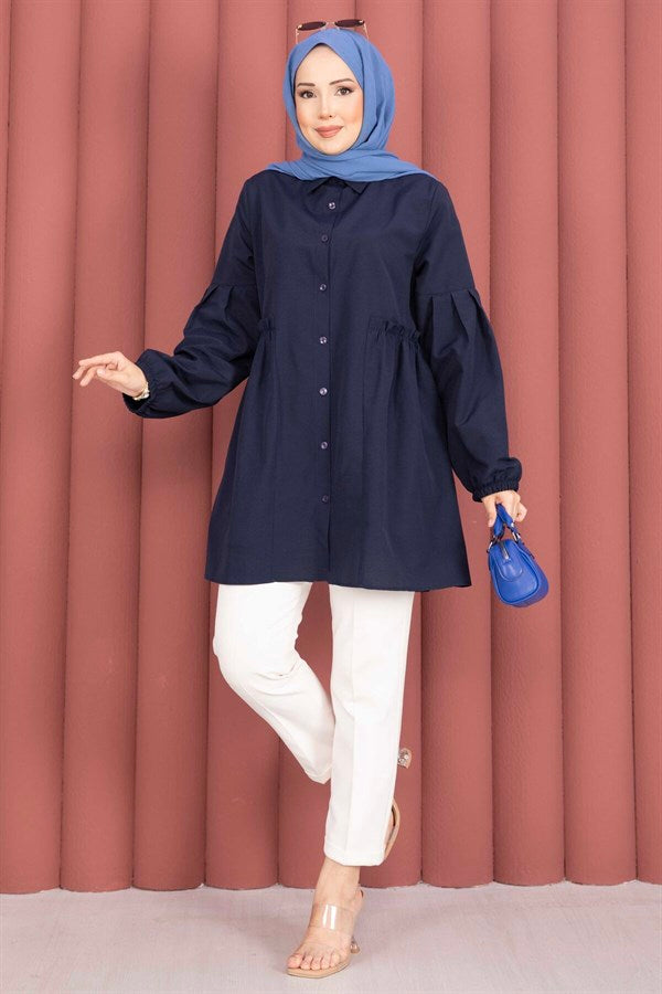 Shirt Collar Tunic with Gathered Waist Detail, Navy Blue