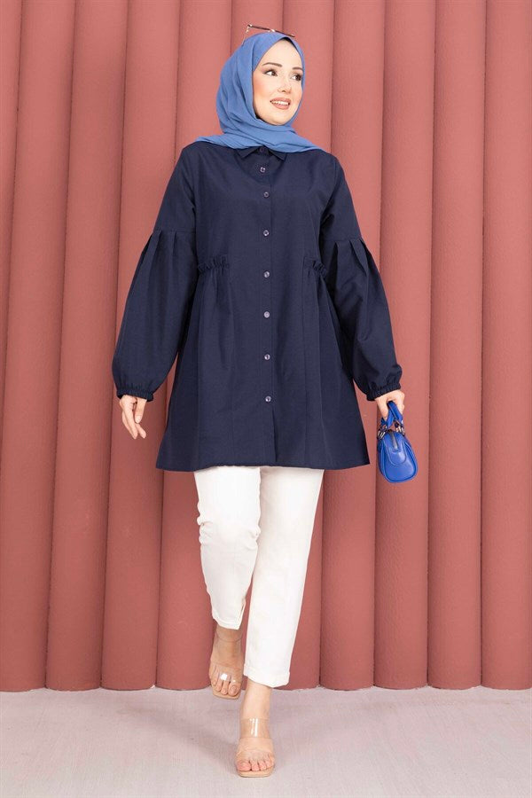 Shirt Collar Tunic with Gathered Waist Detail, Navy Blue