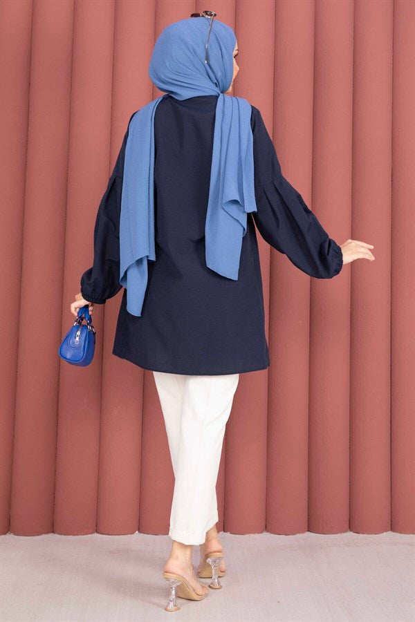 Shirt Collar Tunic with Gathered Waist Detail, Navy Blue