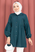 Shirt Collar Tunic with Gathered Waist Detail, Petrol