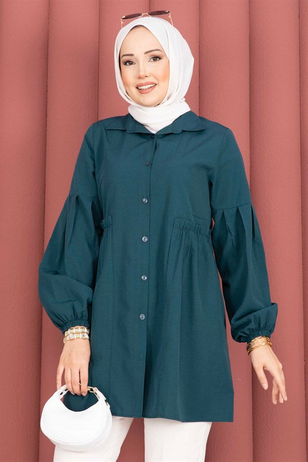 Shirt Collar Tunic with Gathered Waist Detail, Petrol