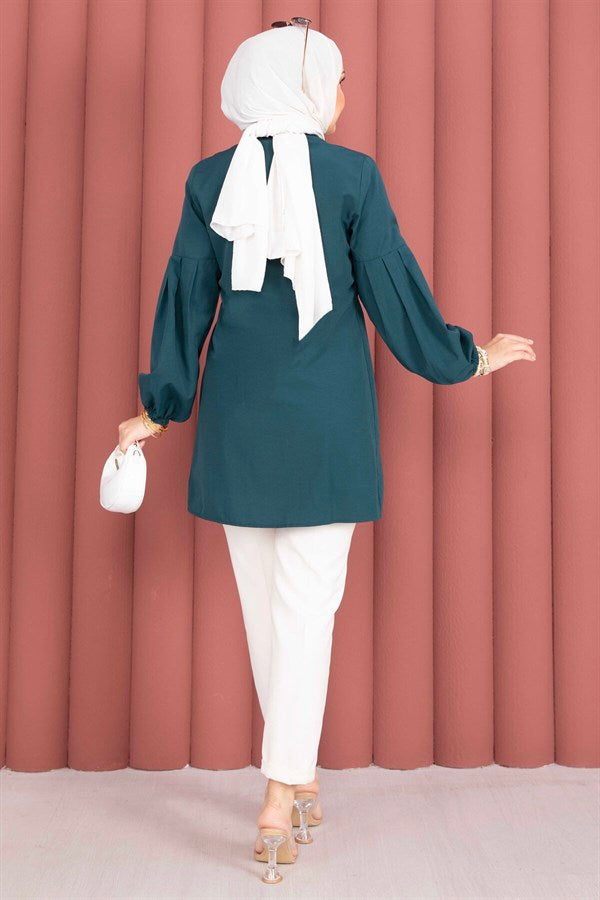 Shirt Collar Tunic with Gathered Waist Detail, Petrol