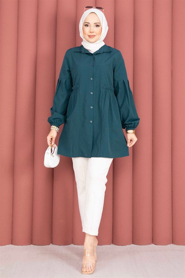 Shirt Collar Tunic with Gathered Waist Detail, Petrol