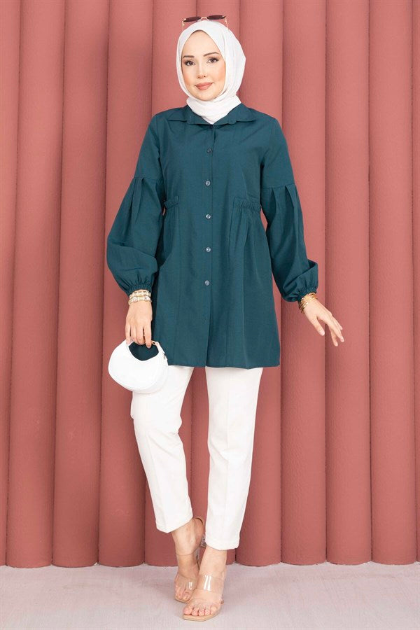 Shirt Collar Tunic with Gathered Waist Detail, Petrol