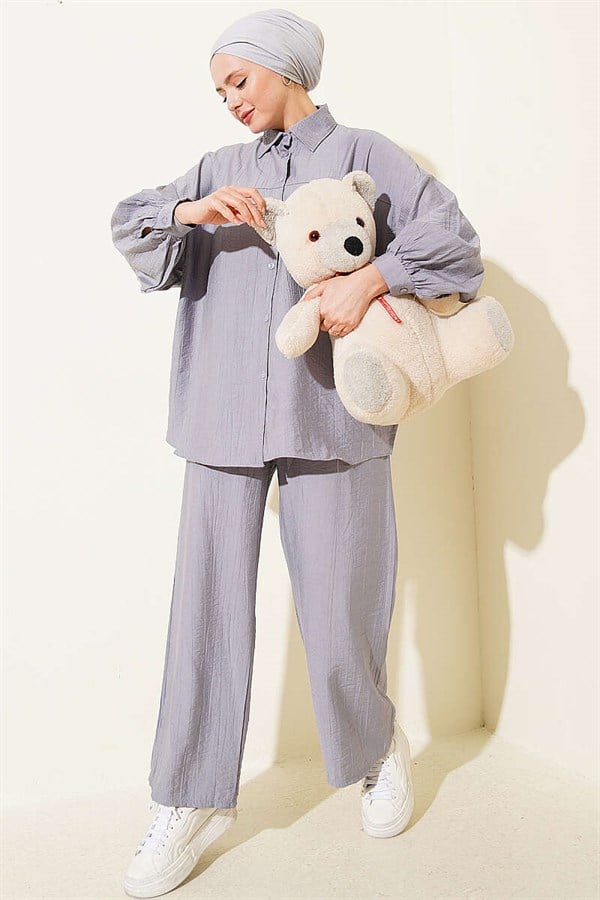 2 Piece Set with Shirt Collar Stitching Detail, Grey