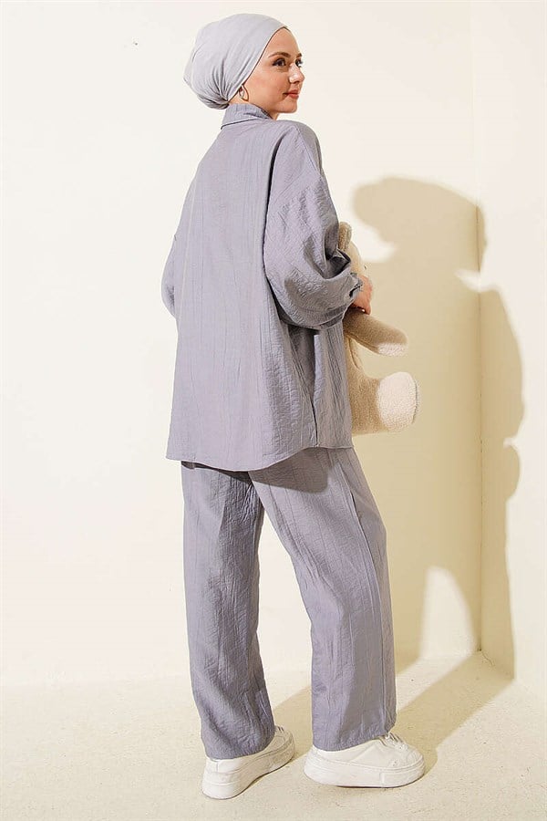 2 Piece Set with Shirt Collar Stitching Detail, Grey