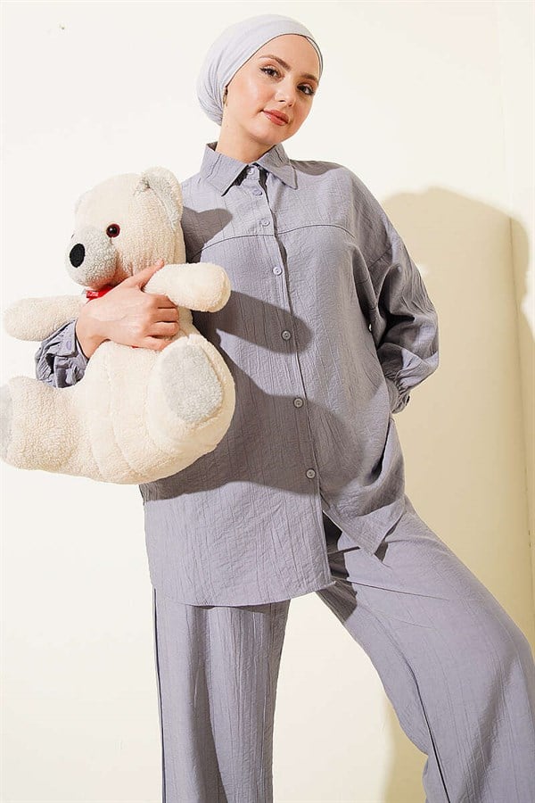 2 Piece Set with Shirt Collar Stitching Detail, Grey