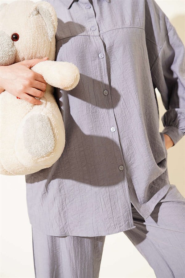 2 Piece Set with Shirt Collar Stitching Detail, Grey