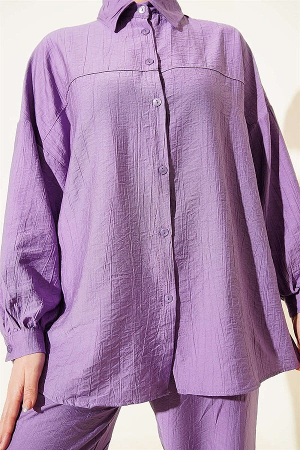 2 Piece Set with Shirt Collar Stitching Detail, Lilac