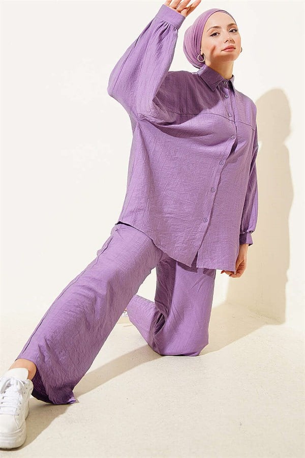 2 Piece Set with Shirt Collar Stitching Detail, Lilac