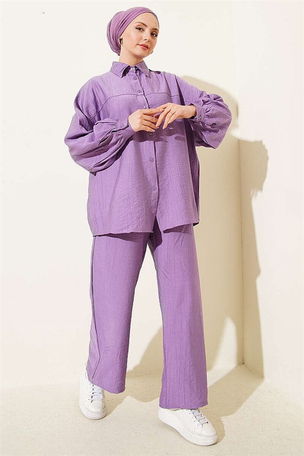 2 Piece Set with Shirt Collar Stitching Detail, Lilac