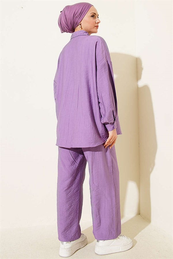 2 Piece Set with Shirt Collar Stitching Detail, Lilac