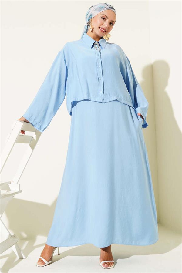 Shirt Collar Button-Down Vest 2 Piece Set Blue