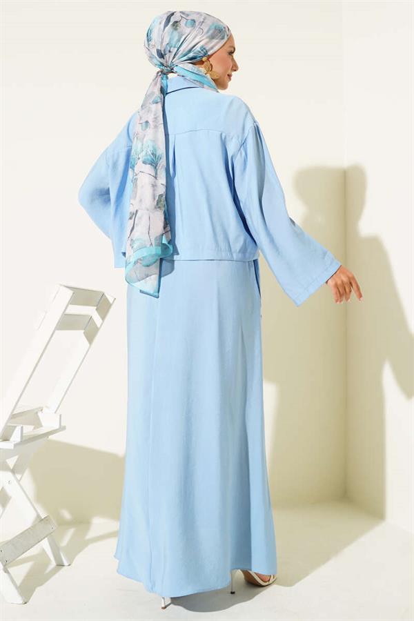 Shirt Collar Button-Down Vest 2 Piece Set Blue