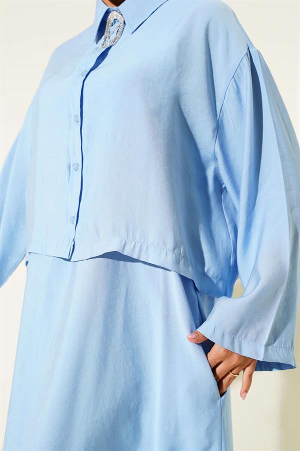 Shirt Collar Button-Down Vest 2 Piece Set Blue