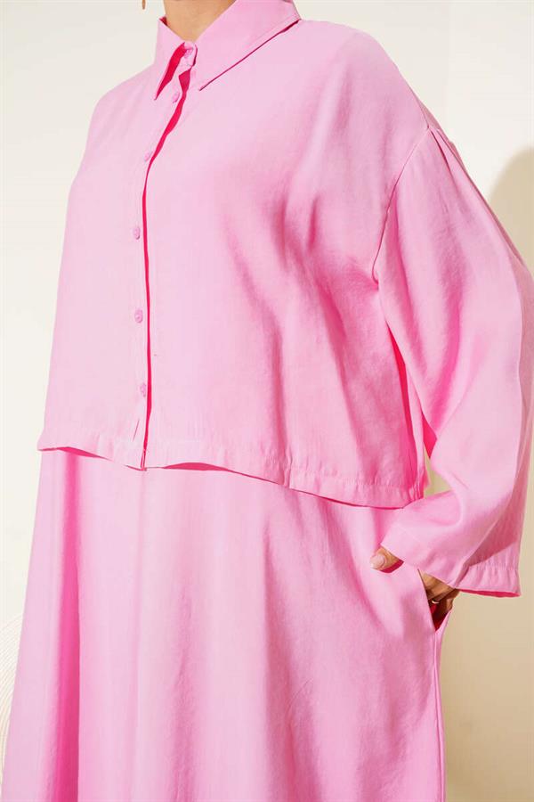 Shirt Collar Button-Down Vest 2 Piece Set Pink
