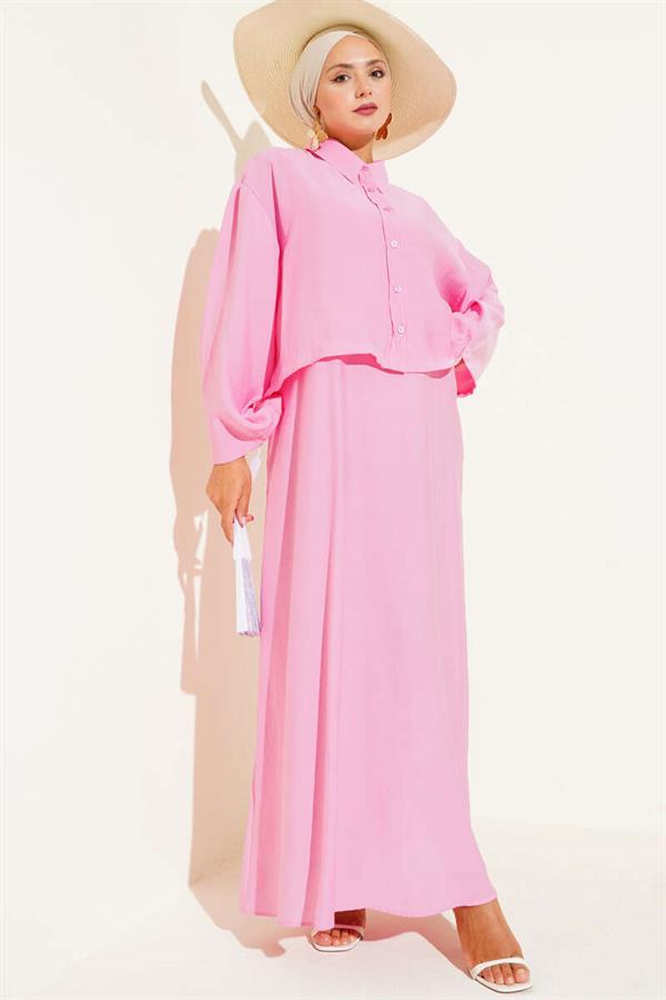 Shirt Collar Button-Down Vest 2 Piece Set Pink