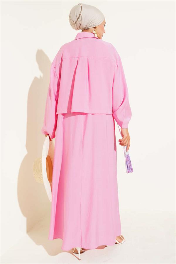 Shirt Collar Button-Down Vest 2 Piece Set Pink