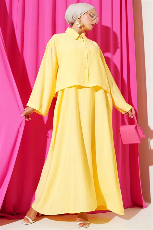 Shirt Collar Button-Down Vest 2 Piece Set Yellow