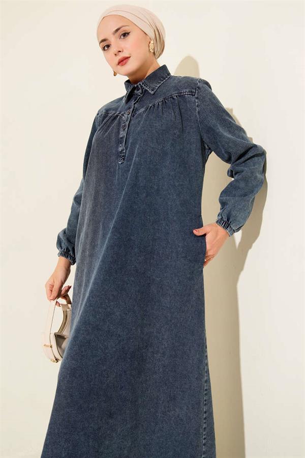 Shirt Collar Button-Down Denim Dress Dark Blue