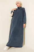 Shirt Collar Button-Down Denim Dress Dark Blue