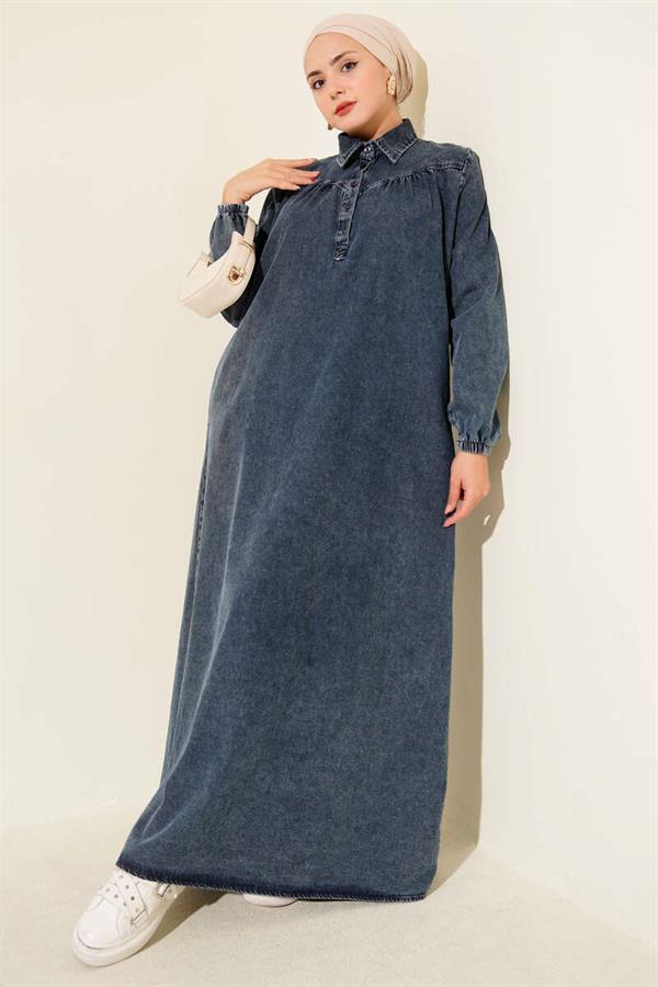 Shirt Collar Button-Down Denim Dress Dark Blue
