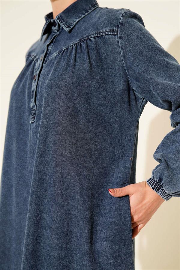 Shirt Collar Button-Down Denim Dress Dark Blue