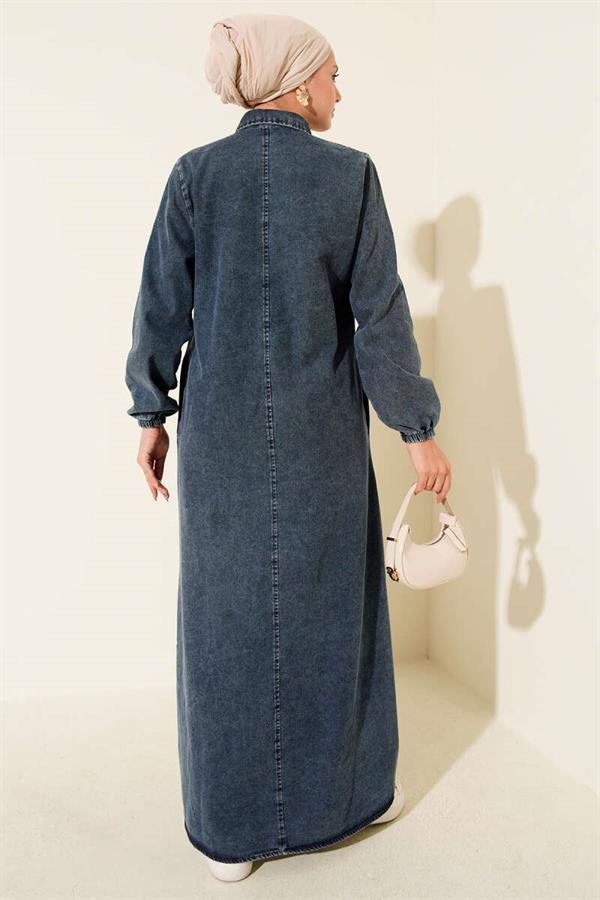 Shirt Collar Button-Down Denim Dress Dark Blue
