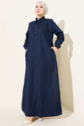 Navy Blue Button-Down Shirt Collar Denim Dress