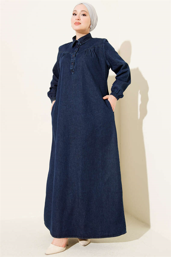 Navy Blue Button-Down Shirt Collar Denim Dress