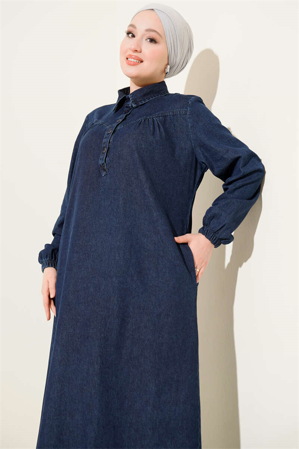 Navy Blue Button-Down Shirt Collar Denim Dress