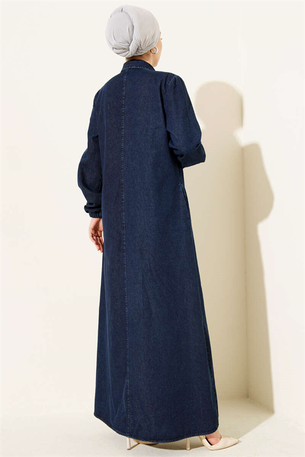 Navy Blue Button-Down Shirt Collar Denim Dress