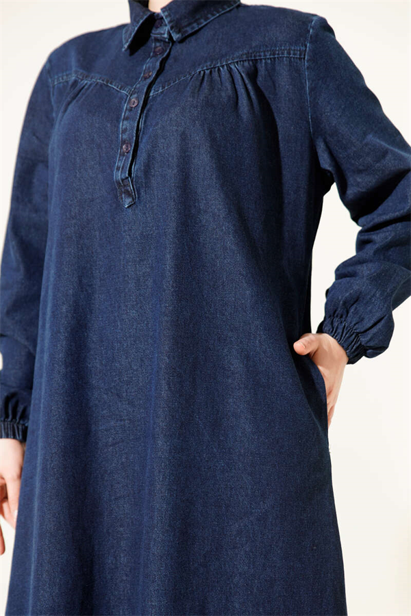 Navy Blue Button-Down Shirt Collar Denim Dress