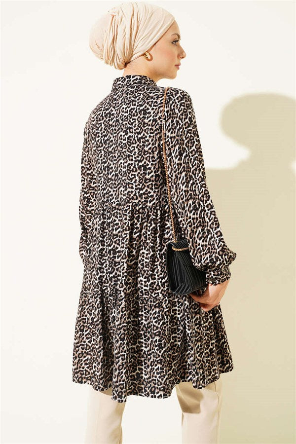 Shirt Collar Buttoned Leopard Tunic Black