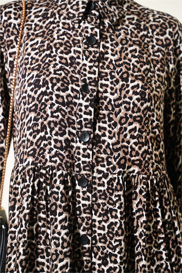 Shirt Collar Buttoned Leopard Tunic Black