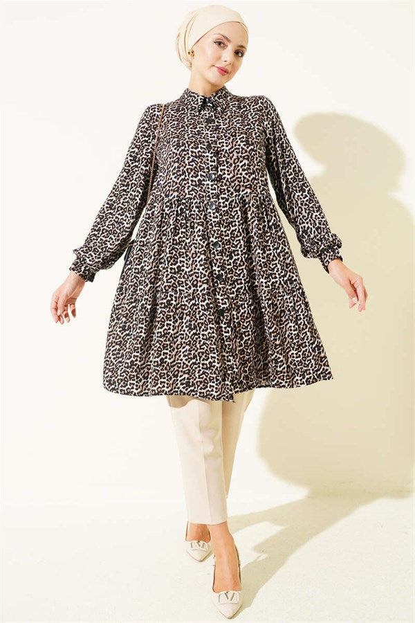 Shirt Collar Buttoned Leopard Tunic Black