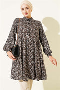 Shirt Collar Buttoned Leopard Tunic Black