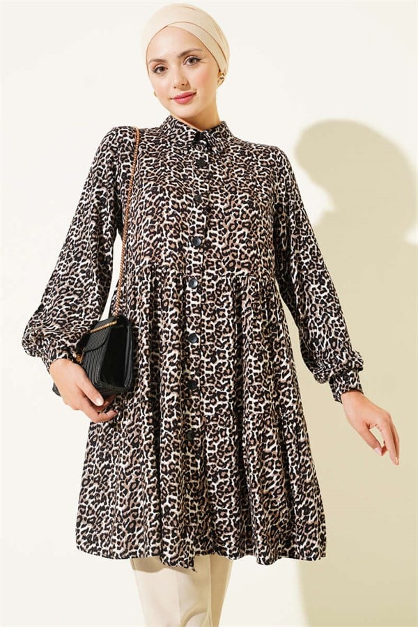 Shirt Collar Buttoned Leopard Tunic Black