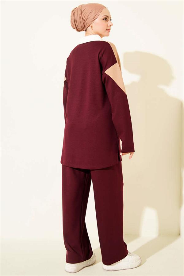 Loisha 2 Piece Set with Buttoned Shirt Collar, Burgundy