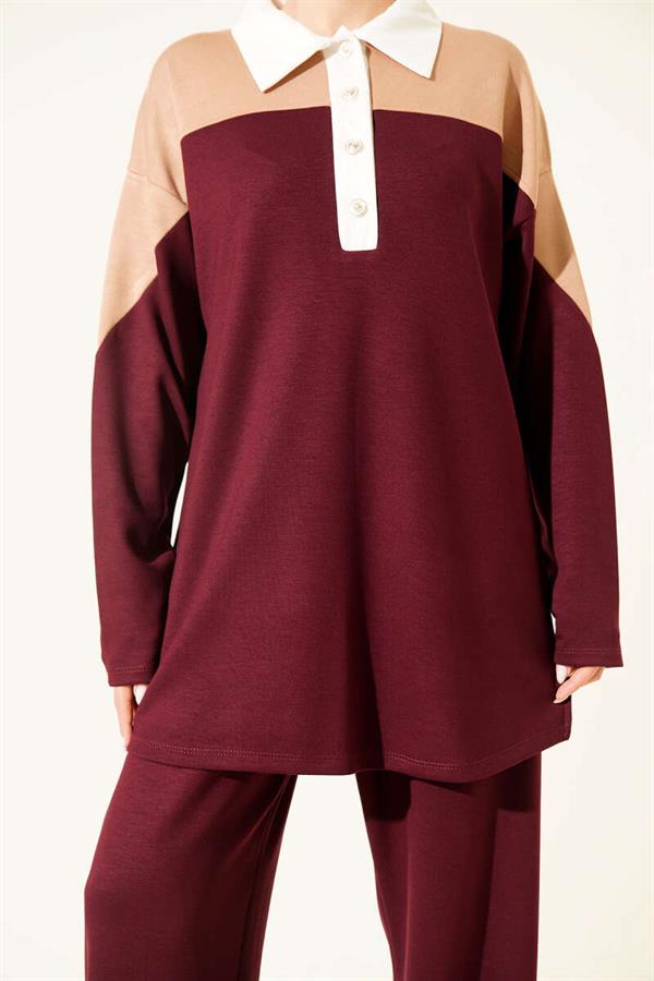 Loisha 2 Piece Set with Buttoned Shirt Collar, Burgundy